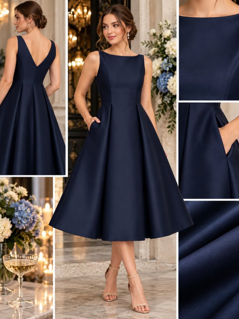 Adrianna Papell Midnight Navy Boat Neck Fit Flare Midi Dress Size 4 NWT